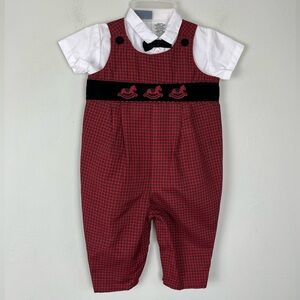Vintage In Design Baby Boys Wear Red Plaid Overall and White Shirt 3-6 M